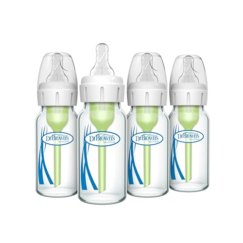 Image of Dr. Brown's Natural Flow Anti-Colic Options+ Narrow Glass Baby Bottle 4 oz/120 mL, with Level 1 Slow Flow Nipple, 4 Pack, 0m+
