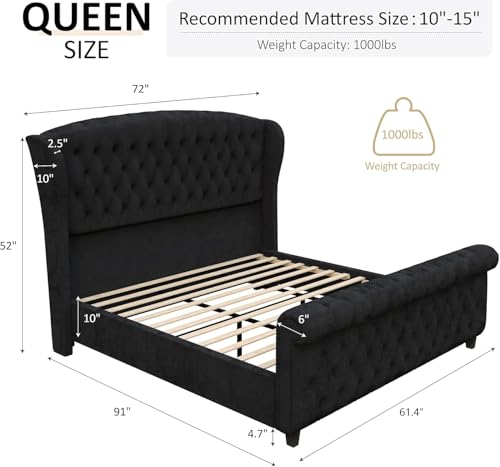 AMERLIFE-Queen-Size-Platform-Bed-Frame-Velvet-Upholstered-Sleigh-Bed-with-Scroll-Wingback-Headboard-FootboardButton-TuftedNo-Box-Spring-RequiredEasy-AssemblyBlack AMERLIFE Queen Size Platform Bed Frame Velvet Upholstered Sleigh Bed with Scroll Wingback Headboard FootboardButton TuftedNo Box Spring RequiredEasy AssemblyBlack