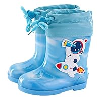 BILIKEYU Boys Girls Rain Boots Cute Astronaut Drawstring Low Heel Rainboots Anti-Slip Outdoor Shoes for Kids 2 to 10 Years (Sky Blue, 7 Toddler)