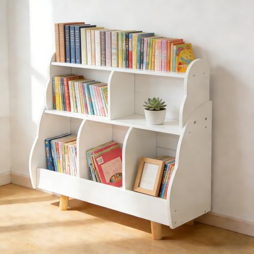 Image of Kids Bookshelf with Toy Storage, Easy Reach 3-Tier Organizer | Small Bookshelf for Kids,5 Open Storage Boxes,Curved Design,Solid Wood Legs,Anti Tip,Easy to Clean,Waterproof,Quick Assembly