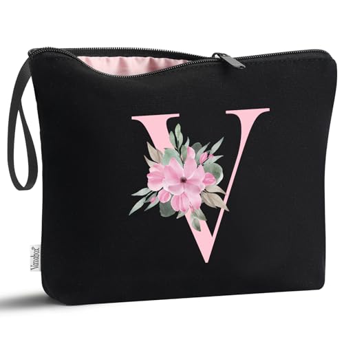 Image of Vavabox A-Z Personalized Makeup Bag, Birthday Gifts for Women Mom, Gifts for Best Friend, Bride Bridesmaid Cosmetic bag (V, 02-Black)