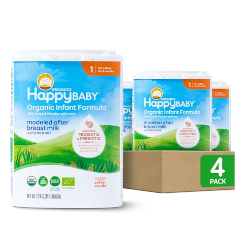 Image of Happy Baby Organics Stage 1 Infant Formula, 0 12 Months, Milk Based Organic Baby Formula Powder with Iron, Probiotics & Prebiotics for Immune & Digestive Support, 22.9 Ounce (Pack of 4)
