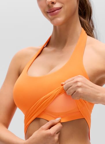 Image of CRZ YOGA Butterluxe Halter Crop Tank Tops | Light Support, Removable Pads, Yoga, Extremely Soft, Open Back, Longline Sports Bras for Women