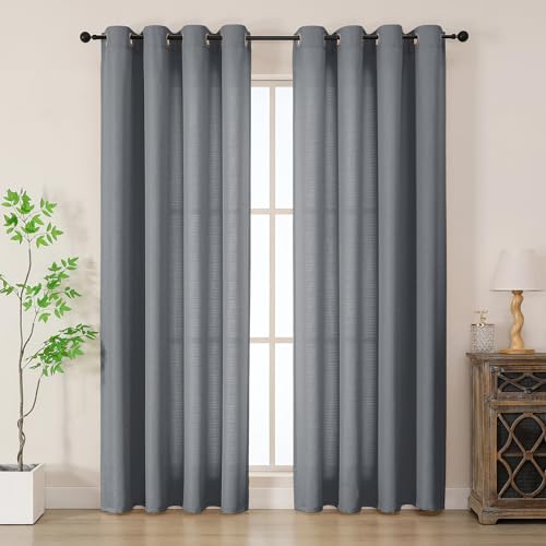 Simplebrand Grey Faux Linen Texture Curtain 200 CM Drop, Privacy Curtain for Living Room/Bedroom/Patio Door, Lightweight Semi Translucent Panels with Elegant Eyelet Top, Set of 2, W140 x H 200 CM