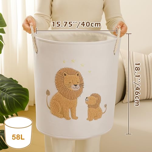 Image of Kids Laundry Basket Baby Hamper for Nursery, 58L Large Dirty Clothes Hampers with Drawstring Closure, Jungle Theme Baby Basket, Stuffed Animal Storage Basket Laundry Hamper, Safari Nursery Decor, Lion