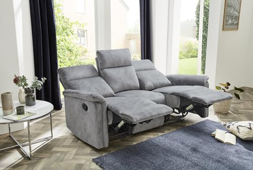 Dreisitzer-Sofa mit hochwertiger Federkernpolsterung B180/T90/H100 cm, verstellbare 3er Couch durch praktische halbautomatische Relaxfunktion, Bezug Velours Vintage Grau / 15128 – Bild 6
