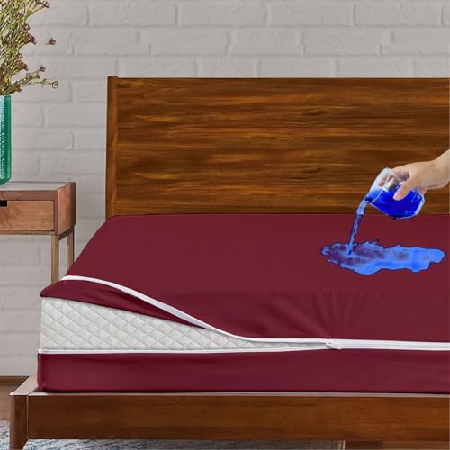 Full Mattress Protector Encasement with Zipper, 100% Waterproof Bed Cover, Noiseless, Breathable, Soft, Absorbent Cover, Deep Pocket Fits 15 Inch Mattress, Durable 100% Polyester Bed Cover, Burgundy