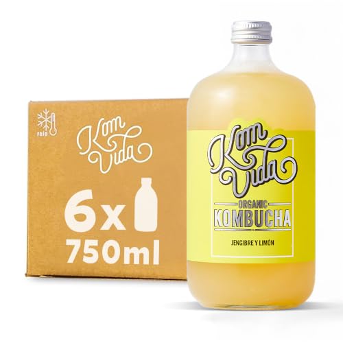 Komvida Kombucha Pack 6x750ml - Bebida Ecológica de Té fermentado, Probióticos Naturales, Sin Azúcares Añadidos - Sabor Limón con jengibre