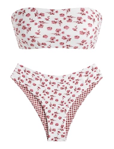 Image of ZAFUL Women's High Cut Bandeau Bikini Set Strapless Solid Color 2 Pieces Bathing Suit Swimsuit