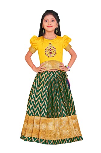 Image of New south Indian traditional pattu pavadai Jecquard Lehenga choli for girls dress