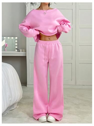 SOLY HUX Women's 2 Piece Outfits Fall Sweatsuits Off The Shoulder Crop Top Wide Leg Sweatpants Casual Matching Lounge Sets3