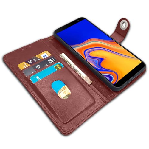 Image of Pikkme Samsung Galaxy J4 Plus Flip Cover Leather Finish | Inside TPU with Card Pockets | Wallet Stand and Shock Proof | Complete Protection Button Flip Case (Brown)