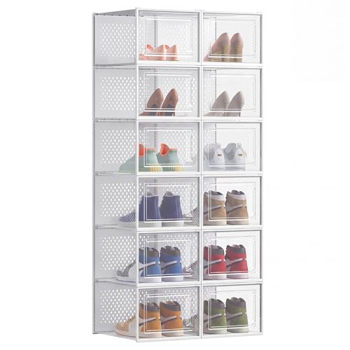 SONGMICS Cajas de Zapatos, Organizador de Zapatos de Plástico, Plegable y Apilable, para Zapatos de hasta Talla 47, Juego de 12, Transparente y Blanco Nube LSP12MWT SONGMICS Cajas de Zapatos, Organizador de Zapatos de Plástico, Plegable y Apilable, para Zapatos de hasta Talla 47, Juego de 12, Transparente y Blanco Nube LSP12MWT