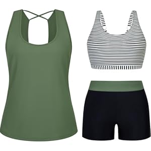 Arolina 3 Piece Swimsuits for Women Tankini Sets Modest Bathing Suits Plus Size Swimsuit Swimwear 2026 White Stripes Large