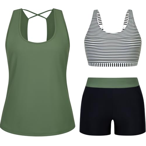 Arolina 3 Piece Swimsuits for Women Tankini Sets Modest Bathing Suits Plus Size Swimsuit Swimwear 2026 White Stripes 22 Plus