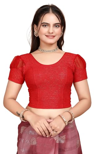 Image of SFT Women's Organza Patch Readymade Saree Blouse with Round Neck Half Sleeves Abstract Pattern Pull On Closure Regular Fit and Standard Length