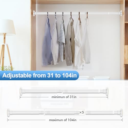 Image of CorkLatta White Shower Curtain Rod 31 to 104 Inch,1 Inch Diameter Adjustable Spring Tension Curtain Rod No Drilling Stainless Steel Telescoping Rod,No Rust
