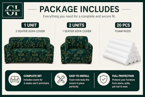 Image of Gifts Island Sofa Cover 3 Seater and 2 Seater Fully Covered Universal 5 Seater Sofa Cover Non-Slip Sticky Elastic Stretchable Sofa Set Slipcover Protector for (3+1+1 Seater) (Green Stem)