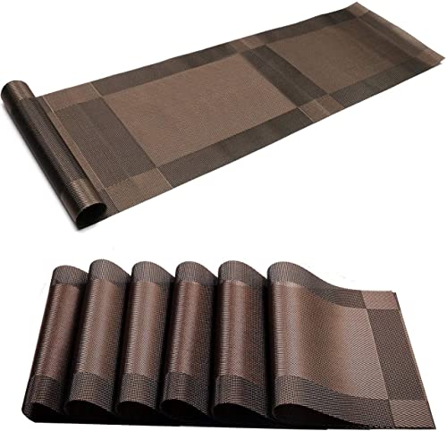Image of Dining Table Placemats & Runner Set - Heat Resistant, Washable & Stain Resistant Woven Vinyl Mats | Table Runner & 6 Placemats Set for Stylish Dining (45x30 cm Placemats, 180x30 cm Runner)