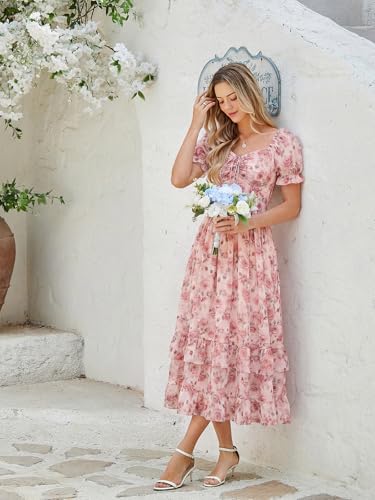 Image of Scarlet Darkness Women Floral Maxi Dress Puff Sleeve Tea Party Corset Dress | Pockets, Ruched Bust, Ruffled Hem, for Cottagecore Fairy Milkmaid Vacation