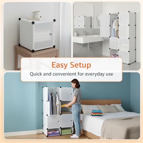 Image of Amazon Basics Plastic Modular Wardrobe Storage Cabinet for Home | 8 Cube Organizer with Hanging Space | DIY Foldable Closet for Clothes, Shoes & Accessories | White | 75 x 47 x 128 cm