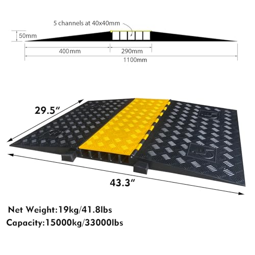 F COME Rubber Cable Ramp 5 Channel Drive Over Hose Cable Protector Outdoor 22000Lbs Load Capacity Wires Power Lines Extension Cord Cover Traffic Speed Bump 1 Pack
