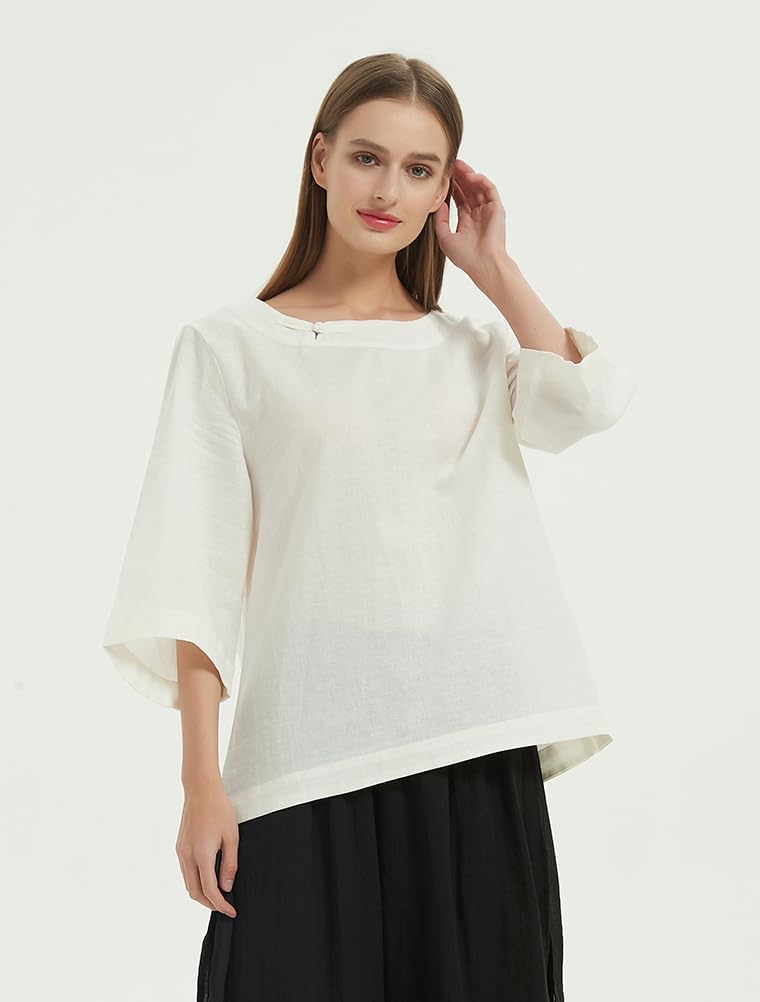 Minibee Women's Linen Blouse Round Neck 3/4 Sleeve Shirt Tops with Chinese Frog Button