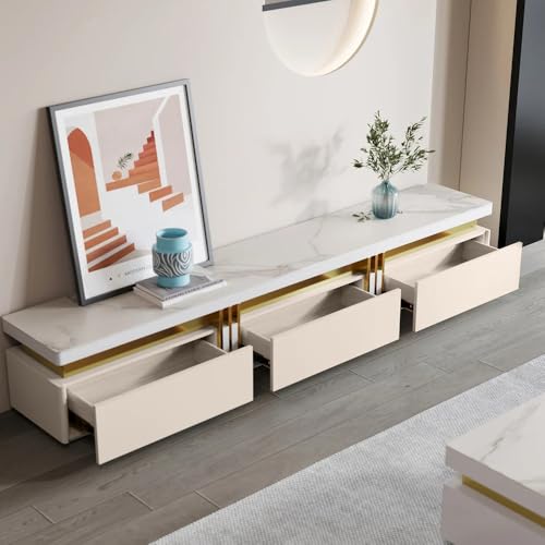 Image of Luxury Joyce Modern TV Unit /Console - 70 inch Naino Compsit Marble Top, 3 Drawer Storage - White & Gold Finish - Scratch Resistant, Waterproof Plywood - Living Room Media Cabinet (Ivory)