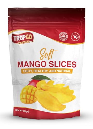 Tropgo Soft Dried Mango Slices - 120g Resealable Bag Natural Soft Mango Sweets for Snacking Baking and Trail Mixes - Tropical Healthy Snack for Lunchboxes Travel Packs and Anytime Cravings