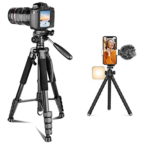 Aureday 74’’ Camera Tripod with Travel Bag Bundle with Cell Phone Tripod, Cell Phone Tripod with Wireless Remote and Phone Holder, Compatible with DSLR Cameras,Cell Phones,Projector,Webcam Cover
