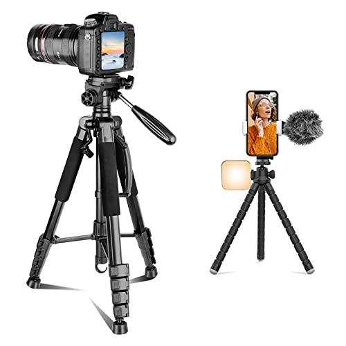 Aureday 74' Camera Tripod with Travel Bag Bundle, Cell Phone Tripod with Wireless Remote and Phone Holder, Compatible with DSLR Cameras, Cell Phones, Projector, Webcam