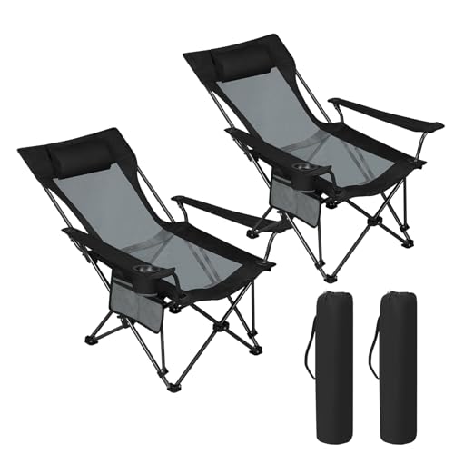 WOLTU 2 x Chaises de Camping Pliante, Chaise de Pêche Extérieur avec Dossier Réglable, Léger et Portable, Fauteuil Pliant avec Appui-tête, Porte-gobelet, Capacité 150 kg, Noir+Gris