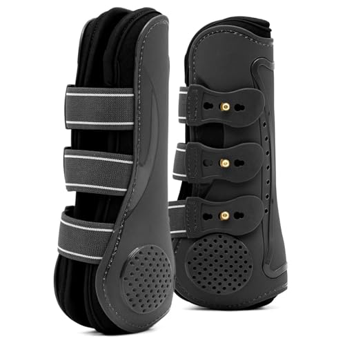 Jeffers Uniquely English Open Front Tendon Boots for Horses, Pair, Large – Ventilated Neoprene, Shock Absorbing, Tendon Protection, Adjustable Hook Closures, Jumping, Training, Competition - Black