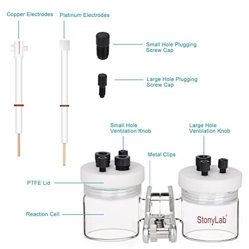 Stonylab H-Type Electrolytic Cells, Borosilicate Replaceable Ion-Exchange Membrane Electrolyzer Sealed Electrochemical Cells With Ptfe Lids And Electrodes, 50 Ml #TOP1