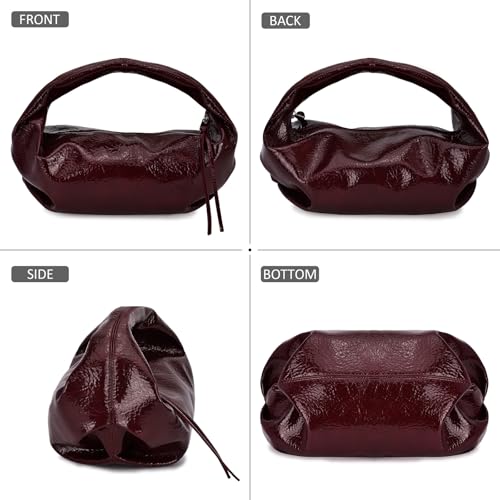 Image of Cloud Pouch Bag Women Shoulder Handbag Soft Zip Handbag Pleated Glossy Leather Hobo Mini Small Purses Ruched Cloud Bags (Burgundy)