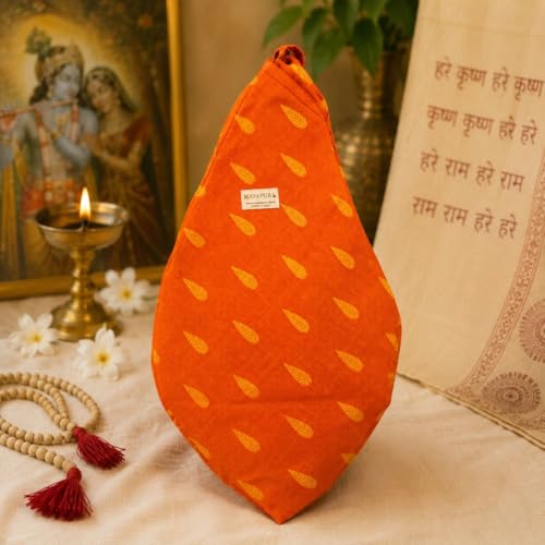 Image of Original Pure Cotton Gomukhi Japa Mala Bag /Chanting Bag or Beads Bag /Jholi /Thole with Zip Pocket and Sakshi Mala Counter (Saffron Orange)