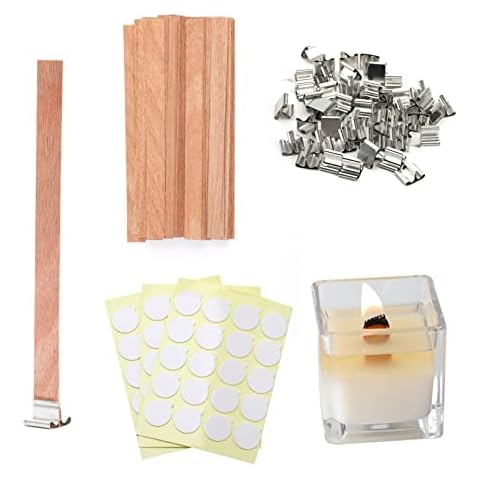 50 Wood Candle Wicks 60 Wick Stickers for Handmade DIY Candle Making, Natural Wooden Wick Cores with 50 Iron Stand Smokeless Scented Candle Holder Craft Supplies Cover