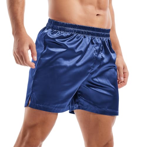 Image of AMY COULEE Mens Satin Boxer Shorts Silky Lightweight Pajama Bottoms Split Side Lounge Sleep Shorts