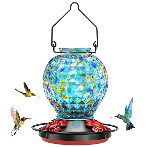 Hummingbird Feeder, Glass Hummingbird Feeder for Outdoors, Vibrant Colors Attract Hummingbirds, 18 Ounces, Diamond Ball Shape Bottle