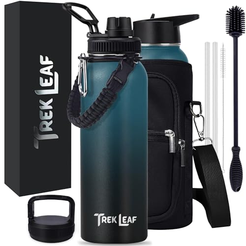 Trek Leaf Travel Water Bottle with Carrying Bag, 3 Lids (Spout, Straw, Handle), and Bottle Brush; Leak Proof, Quality, Vacuum Insulated, Stainless Steel (Cascade Shadow, 40 oz)