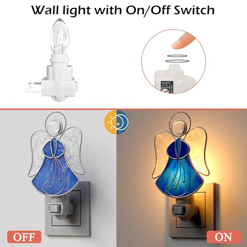 Image of Stained Glass Blue Guardian Angel Night Lights Plug into Wall | Plug in Night Light In Wall Socket Decorative Nightlight for Bedroom Hallway,Mothers Day Gifts for Mom Birthday Christmas