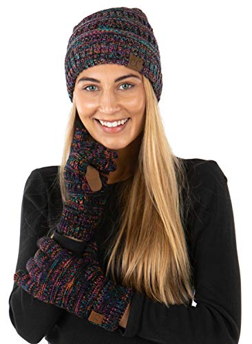 Image of Funky Junque Women's Beanie & Touchscreen Gloves Set - Soft 100% Acrylic Knit Winter Hat and Gloves, Cozy Cold Weather Gift