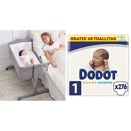 Babify - Minicuna Colecho Regulable, Multialturas, Reclinable, Colchón Incluido, Color Gris, 1 Unidad & Dodot Pañales Bebé Sensitive Talla 1 (2-5 kg), 276 Pañales