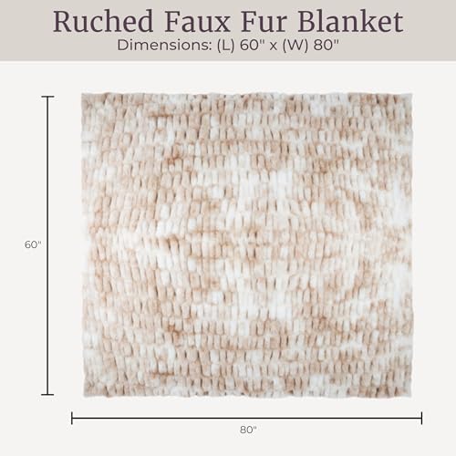 Image of Lavish Home Oversized Ruched Faux Fur Blanket - 60x80-Inch Jacquard Faux Fur Queen-Size Throw for Sofas and Beds - Luxurious Bedding (Beige)