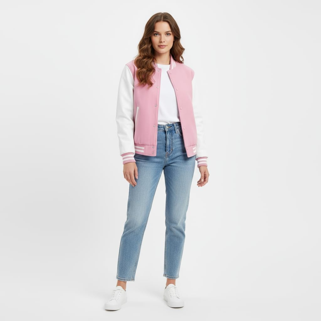 Unisex Varsity Letterman Jacket, Classic College Style, Striped Ribbed Trim, Snap Button Closure, Multiple Colors, Hip Length