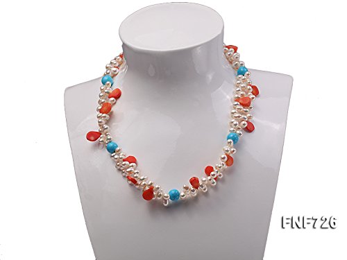 JYX Pearl Necklace Two-strand 6x7mm White Freshwater Pearl Necklace with Corals and Turquoise Beads for Women 19.5" - Image 3
