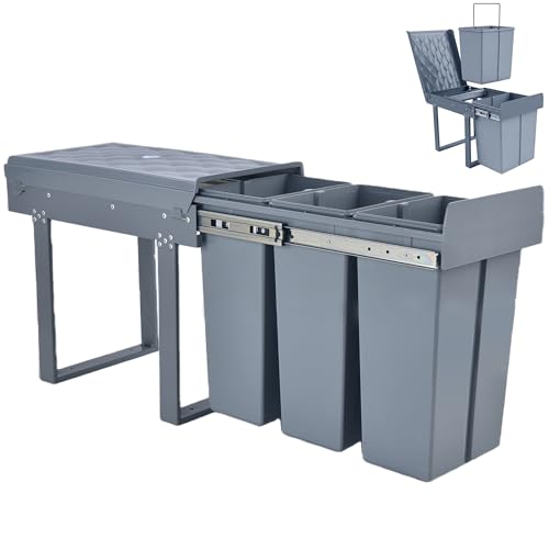 MinteLiv Einbaumülleimer Küche 3 Fächer (3x10L) Mülltrennsystem für schmale Schränke 5-Punkt-Verstärkung ausziehbarer Unterschrank-Mülleimer abnehmbarer Deckel geruchsminimierend 48x26x42cm Grau