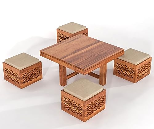 Image of Solid Sheesham Wood Center Coffee Table with 4 Stool for Living Room, Garden, Patio, Guest Room, Cafe | Wooden Coffee Table for Living Room (Natural Finish)