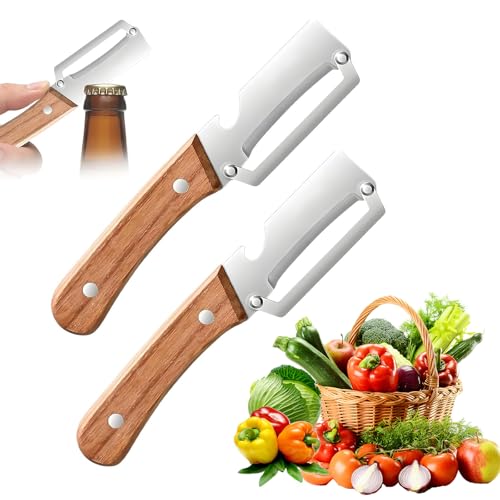 3 in 1 Zero Snag HolzschäLer SparschäLer Multifunktionaler GemüSeschäLer SchäLer Mit Holzgriff Aus Edelstahl Mit Integriertem FlaschenöFfner FüR Obst GemüSe Fleischscheiben (2 Stück)