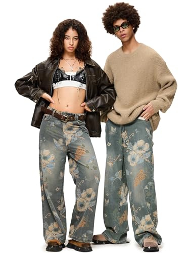 Aelfric Eden Plant Flower Print Baggy Jeans Men Harajuku Wide Leg Jeans Y2k Hip Hop Boyfriend Denim Pants3